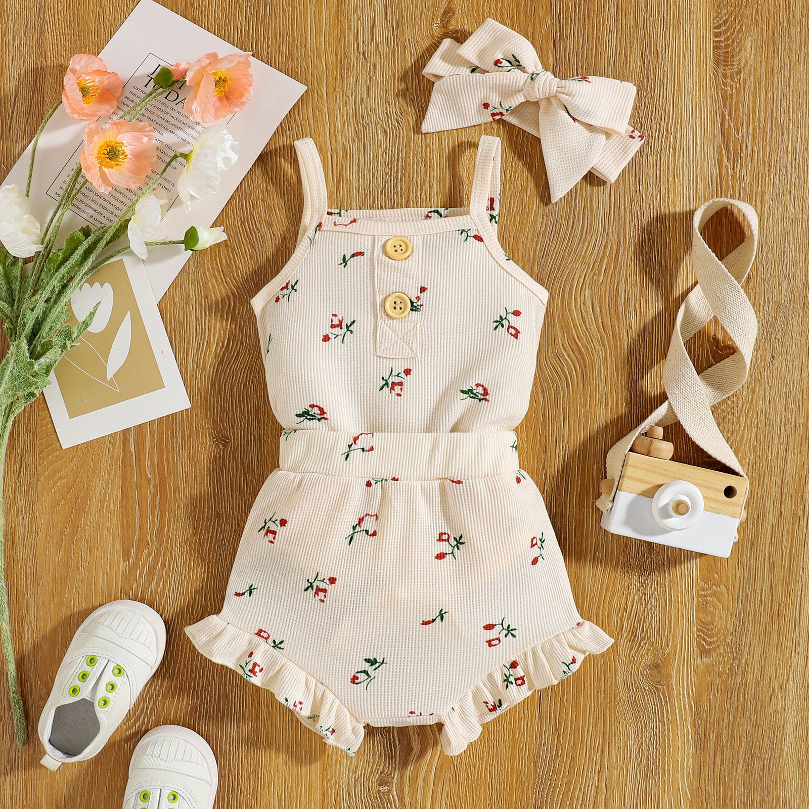 Infant Set Waffle Floral Print Suspenders Three Piece Set