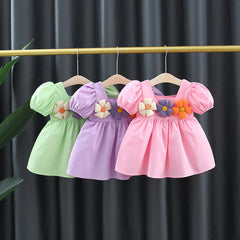 Girl's Square Collar Puff Sleeve Princess Dress
