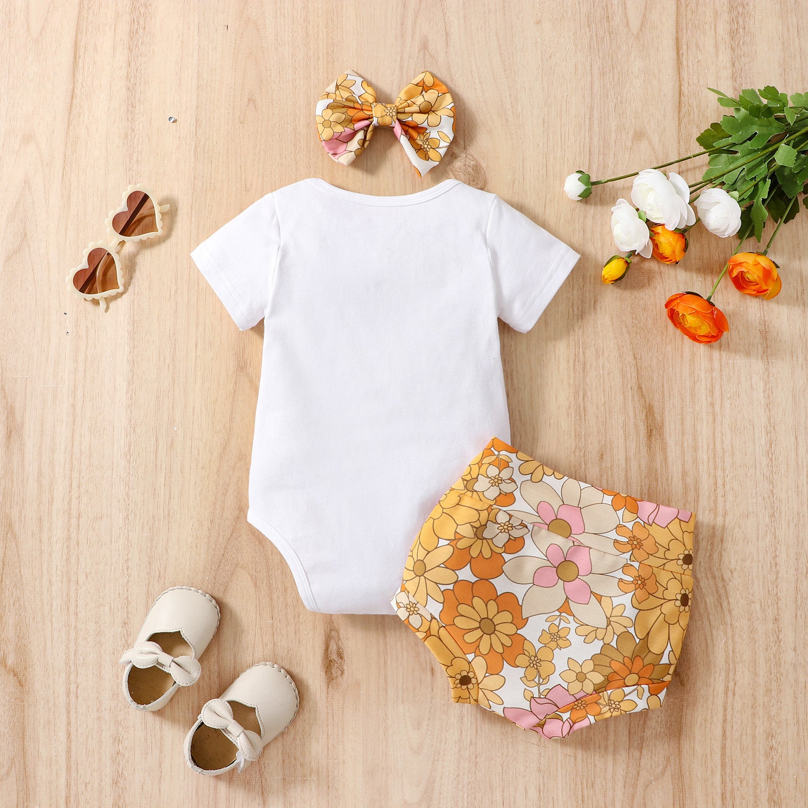 Solid Color Letter T-shirt Romper Hot Pants Suit With Headdress Flower