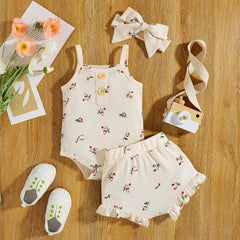 Infant Set Waffle Floral Print Suspenders Three Piece Set
