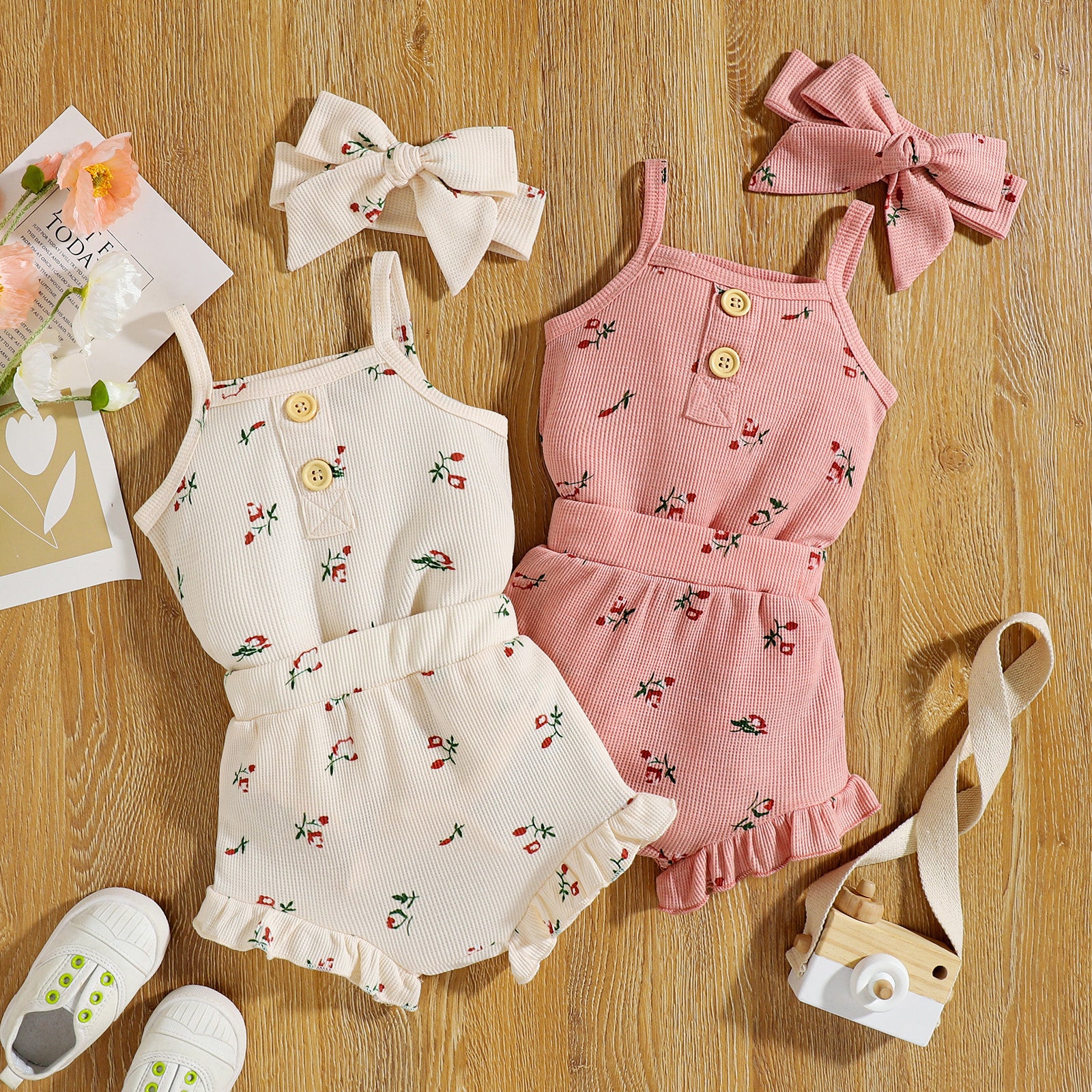 Infant Set Waffle Floral Print Suspenders Three Piece Set