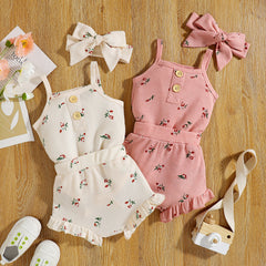 Infant Set Waffle Floral Print Suspenders Three Piece Set