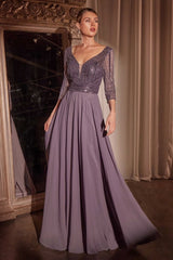 Three Quarter Sleeve Beaded Chiffon Dress-2