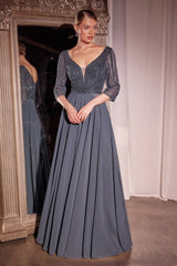 Three Quarter Sleeve Beaded Chiffon Dress-0