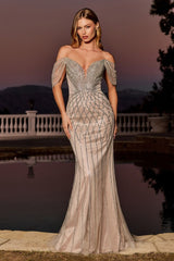 Beaded Off The Shoulder Mermaid Dress-3