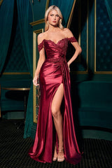 Off The Shoulder Fitted Satin Dress-0