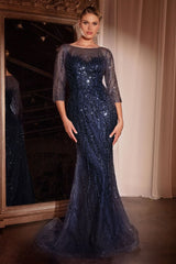 Long Sleeve Sequin Mermaid Gown-0
