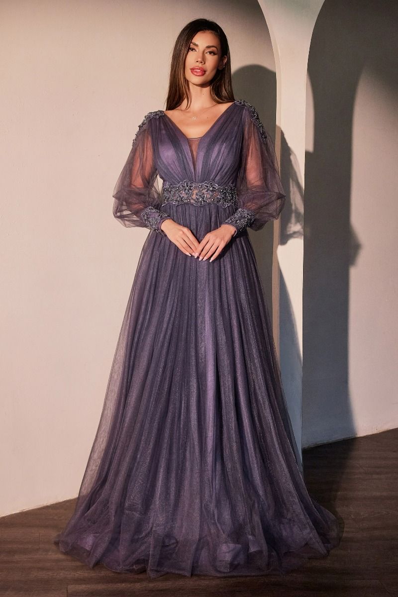 Long Sleeve Purple A-Line Dress-0