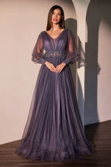 Long Sleeve Purple A-Line Dress-0