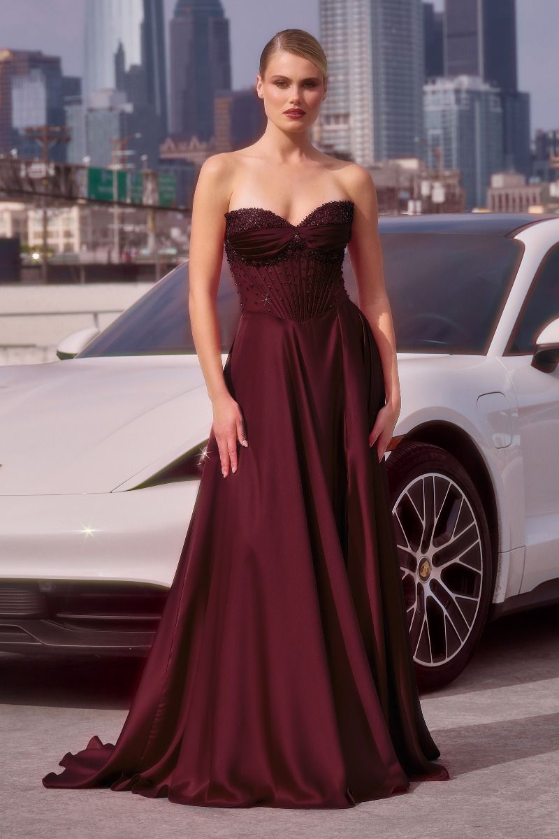 Strapless Beaded Satin A-Line Dress-3