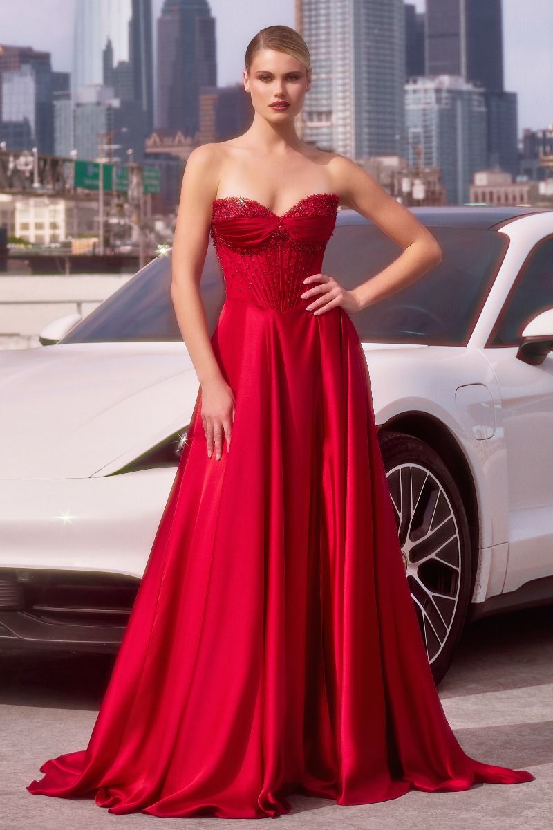Strapless Beaded Satin A-Line Dress-8