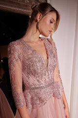Three Quarter Sleeve Lace & Tulle A-Line Dress-2