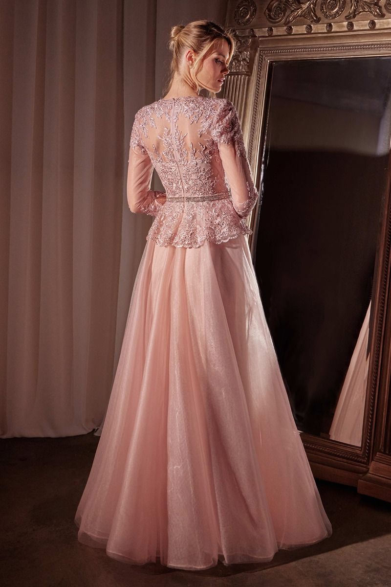 Three Quarter Sleeve Lace & Tulle A-Line Dress-1