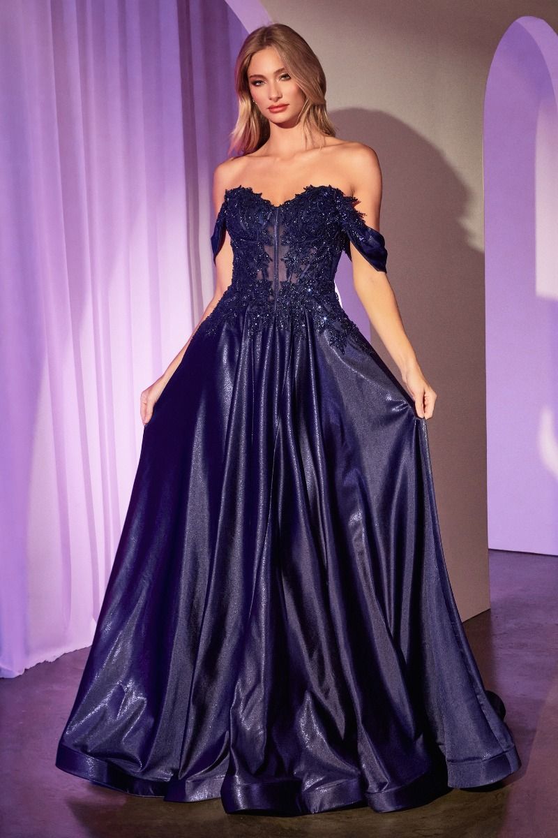 Off The Shoulder Lace & Satin A-Line Dress-6