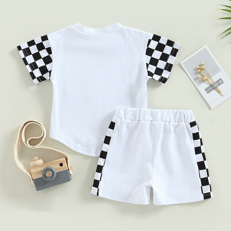 New Infant Toddler Chessboard Plaid Stitching Short Sleeve Suit