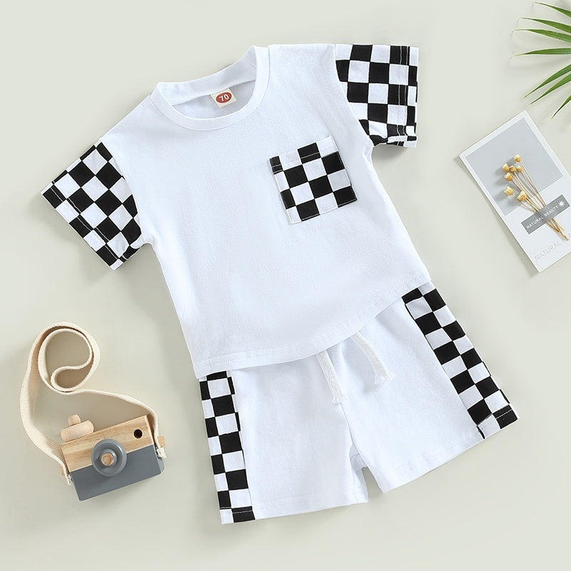 New Infant Toddler Chessboard Plaid Stitching Short Sleeve Suit