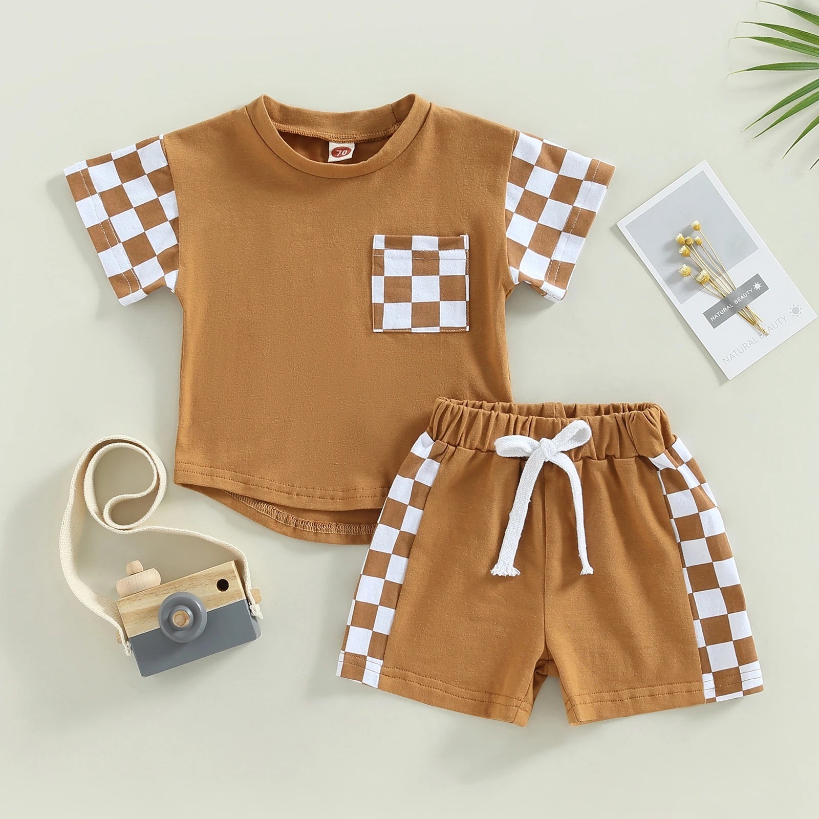 New Infant Toddler Chessboard Plaid Stitching Short Sleeve Suit