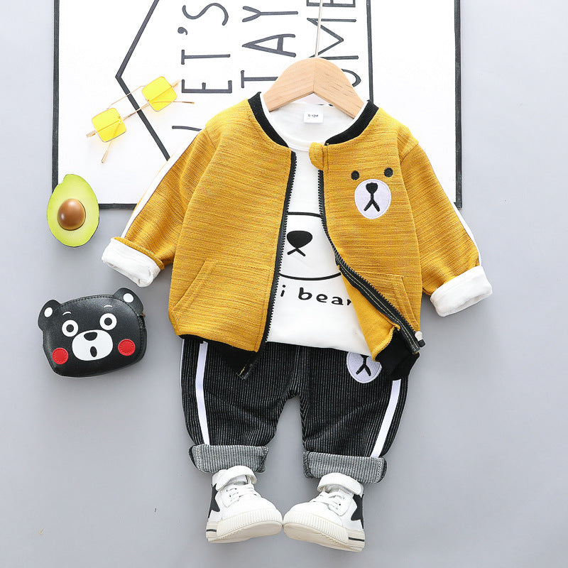 Children's Pants Set Zip-up Shirt Three-piece Cartoon Cotton Bear