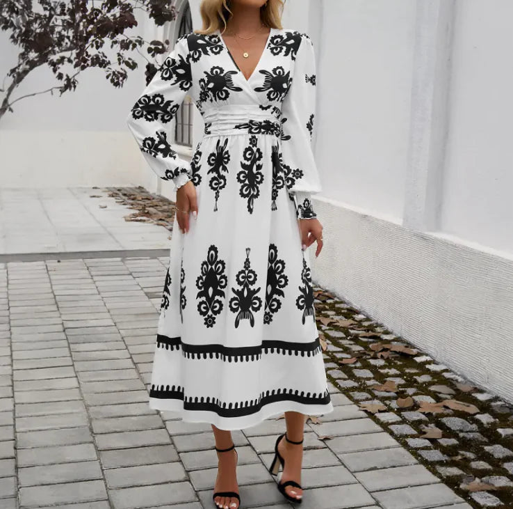 Contrast Print Long Sleeve Dress